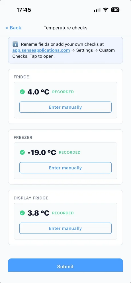 Sense Lite temperature checks screen